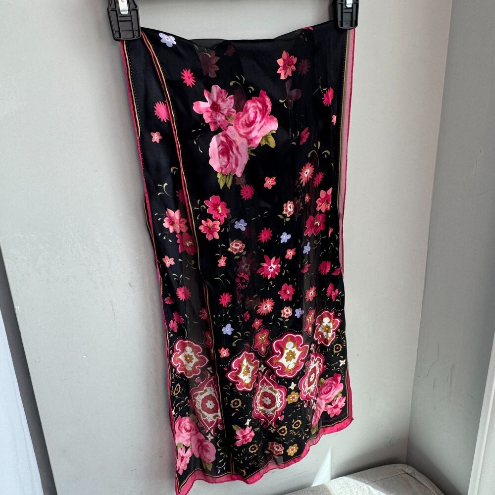 100% Silk Pink Black Floral Scarf 10x52 Semi Sheer Lightweight Wrap Chic